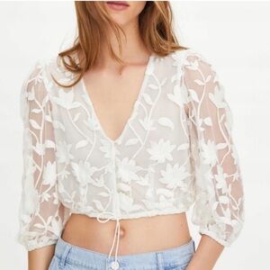 Zara White Sheer Floral Embroidered V-Neck Crop Top